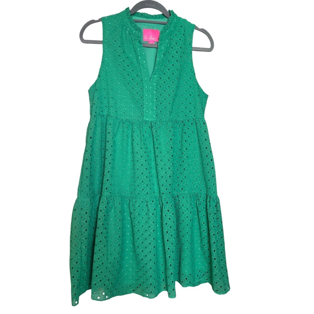 Lilly Pulitzer Small Agave Green Eyelet Lace Tiered Dress Sleeveless Pockets